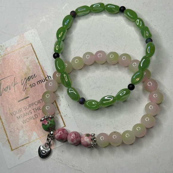 Green & Pink Gemstone Heart Charm Bracelet Set - Picture 1 of 3